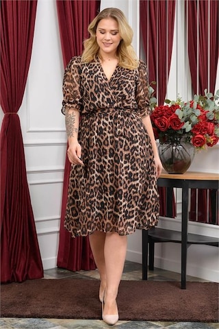 Neşeli Butik Kadın Yeni Sezon Leopar Desenli Büyük Beden Şifon Elbise Ry80622 Siyah