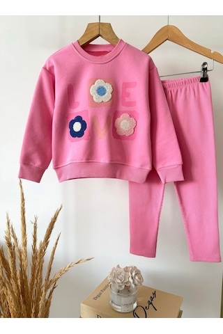 Magu Kız Çocuk Çiçek Aplikeli Pembe Sweatshirt Ve Tayt Takımı