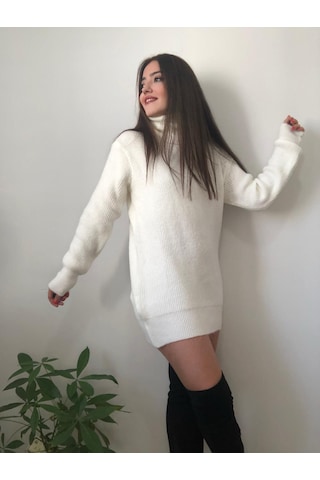 Kadın Beyaz Balıkçı Yaka Selanik Örme Triko Kazak Tunik Krem