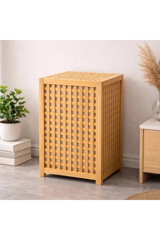 Kalın Ahşap Bambu Kirli Çamaşır Sepeti Kumaş Çantalı Sepet 40x40x58cm Bx40 Çok Renkli