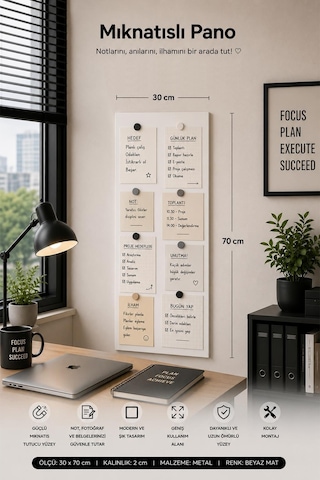 Yiğit Metal Mıknatıslı Pano Beyaz Ofis/çalışma Odası İçin Mıknatıs Hediyeli Metal Magnet Hatıra Panosu 24 x 70 CM