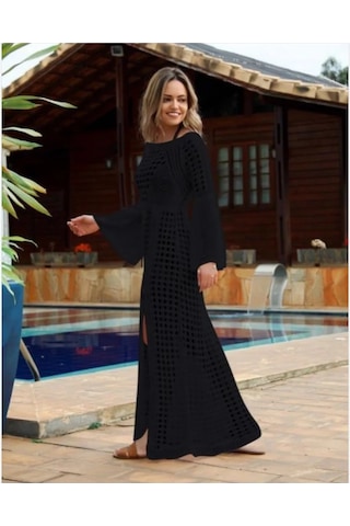 Bohem Uzun Kollu Sarong Oymalı Plaj Elbisesi Siyah
