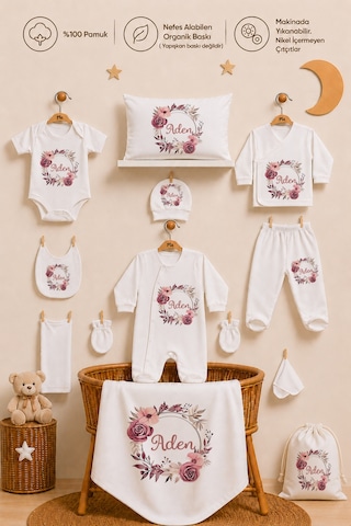 Pia Baby Kız Bebek Hastane Çıkışı 12 Parça %100 Pamuk İsme Özel Organik Baskılı Kese Hediyeli 100611k0x Ekru