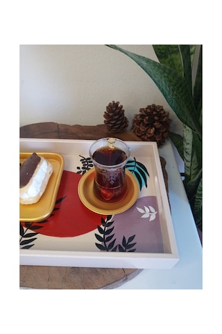 El Boyaması Desenli Ahşap Dikdörtgen Model Çay , Kahve , Söz Nişan Dekoratif Servis Sunum Tepsisi Çok Renkli