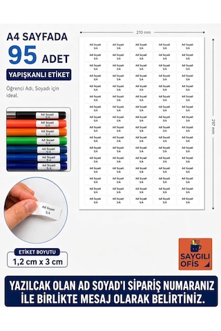 Saygılıofis İsimli Okul Etiketi A4 95 Adet Beyaz Küçük Yapışkanlı Sipariş Numaranız İle İsim Belirtin