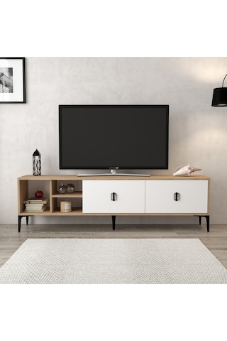 3804 Era Tv Ünitesi 180 Cm 2 Kapaklı Raflı Sepet - Beyaz Tv Sehpası Beyaz - Sepet Çok Renkli