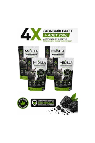 Midilla Active Carbon Kedi Kumu Koku Giderici 4 X 250 G %100 Gerçek Aktif Karbon Toplam 1.000 G