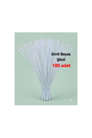 100 Adet Simli Beyaz Şönil, Çiçek Yapımına Uygun Tüylü Tel, 30 Cm 7-8 Mm