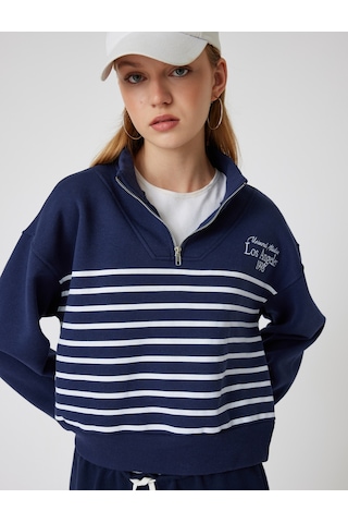 Koton Yarım Fermuarlı Sweatshirt Oversize Kolej Baskılı Dik Yaka Lacivert 5wal10210ık Lacivert