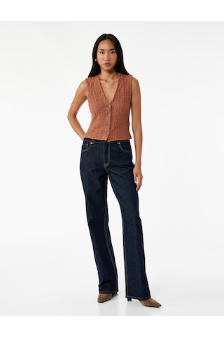 Koton Bürümcük Kumaş Slim Fit V Yaka Düğmeli Yelek Kahverengi 6wak30057ek Kahve