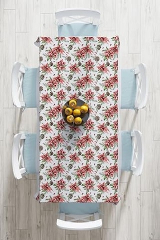 Kırmızı Gül & Kozalak Tasarımlı Dijital Baskılı Modern Masa Örtüsü, Masa-10134-140x260cm Genel
