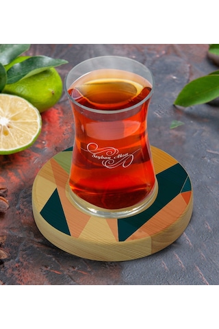 Kişiye Özel Modern Art Tasarımlı Doğal Ahşap Tabaklı Heybeli Çay Bardağı Model 8 Bitmeyen116017 Bk Gift Sarı