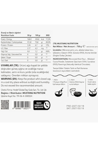 Mustang Nutrition Rice Up Pirinç Kreması 750 Gr 15 Servis Çikolata