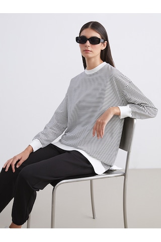 Lcw Modest Siyah Büyük Beden Bisiklet Yaka Çizgili Kadın Sweatshirt Tunik