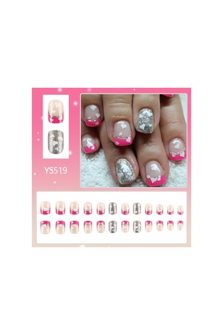 Kısa Parlak Aşk Gül Pembe Simli Tırnak Takma Tırnak Basit Günlük Tırnak Çıkartmaları 24 Parça Dahil Araçlar Ys519