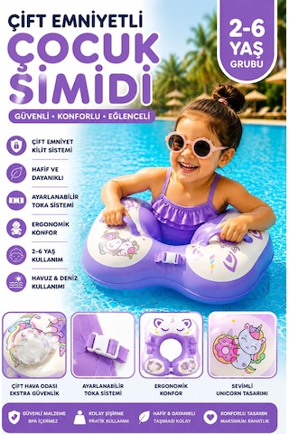 Toyflyer Unicorn Çocuk Yüzme Simidi Çift Tokalı Ayarlanabilir Mor 2-6 Yaş Ar009