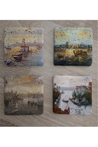 İstanbul Manzaraları Doğal Taş Bardak Altlığı 4'lü Set - Natural Stone Coasters-174276 Çok Renkli