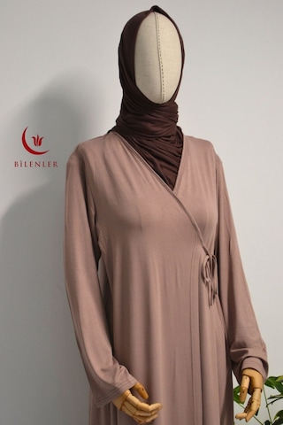 Kadın Yandan Bağlamalı Pamuklu Penye Namaz Elbisesi 38-48 Beden Vizon