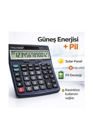 12 Haneli Lcd Ekran Fonksiyonlu Büyük Hesap Makinesi Çift Güçlü Güneş+pil Geriye 100 Adım Kontrol Lacivert