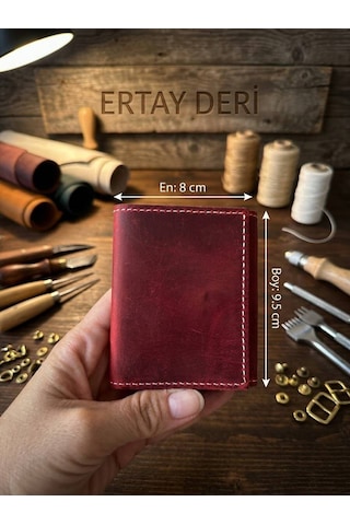 Ertay Deri % 100 Hakiki Deri El Yapımı Kırmızı Çok Bölmeli Cüzdan & Kartlık