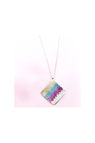 Oriental Kuyumculuk Jewellery Renkli Kare, Üçgen Gümüş Kolye Gümüş