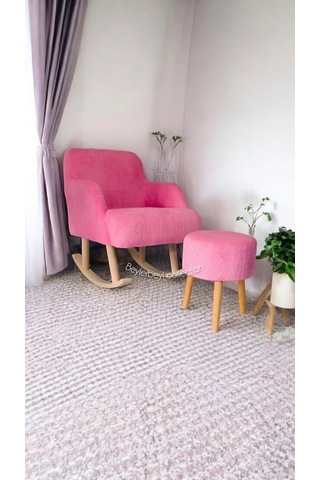 Sallanan Ahşap Ayaklı , Pembe. Rengi Berjer Koltuk - Puf Hediyeli Pembe