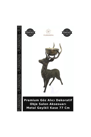 Premium Göz Alıcı Dekoratif Obje Salon Aksesuarı Metal Geyikli Kase 77 Cm