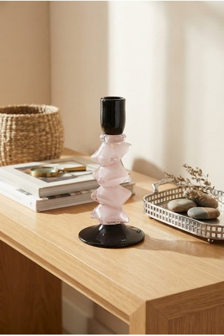 İthal Slıce Cam Şamdan Pembe Küçük 24 Cm Krem - Siyah
