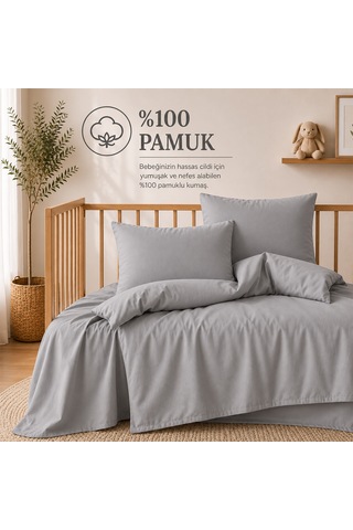 Lief Home %100 Pamuklu Sertifikalı Bebek Nevresim Takımı 100x150 63 Tel Dokuma Kutulu Gönderim Gri