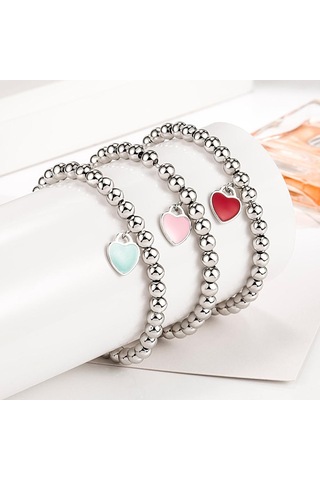 Kırmızı Romantik Ve Şık Yuvarlak Boncuklu Şeftali Kalp Bileklik