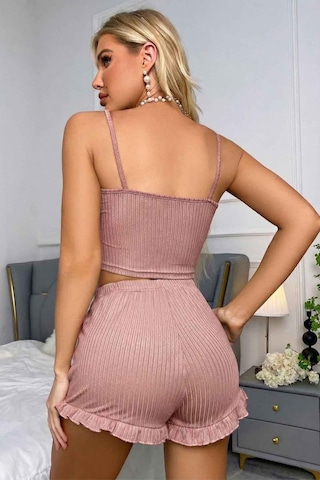 Merry See Dantelli Askılı Crop Üst Ve Fırfır Paça Mini Şortlu Pijama Takım Pembe