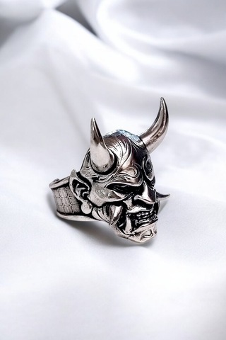 Erkek, Gümüş Kaplama Paslanmaz Kromix Çelik Yüzük - Japon Oni Maskesi Gotik Demon Motorcu Tasarım Gümüş