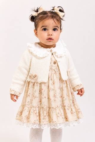 Babyhola Kız Bebek Çiçekli Elbise Triko Hırka 2 Li Takım 3027 Ekru