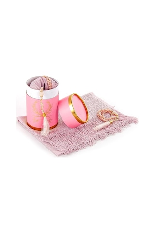 Özel Silindir Kutulu Set Inci Tesbihli Tül Şal Pembe Renk