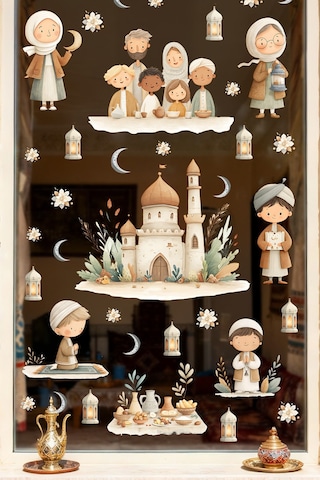 Ramazan Temalı Çift Taraflı Cam Sticker Seti Çocuklar İçin Sevimli İslami Figürler & Cami Tasarımları Dijital Baskı