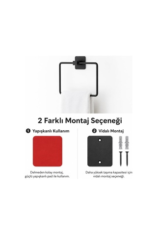 Lexroo Siyah Kare Havluluk, Yapışkanlı Ve Vidalı Montajlı Duvara Monte Havlu Askısı