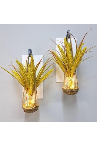 Duvar Dekoru, Led Işıklı, Sarı Cipso Çiçekli, Beyaz Aplik İkili Set