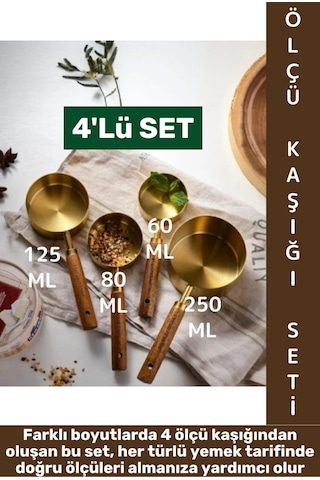 Pratik Mutfak Yemek Hazırlık Bakliyat Sıvı Ölçüm Estetik Gold Renk 4lü Ahşap Saplı Metal Ölçü Kaşığı Çok Renkli