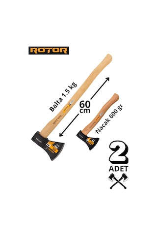 Rotor Ahşap Saplı 1500gr+600gr 2 Li Balta Nacak Seti