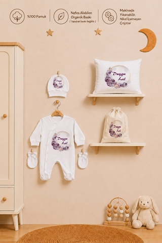 Pia Baby Kız Bebek Hastane Çıkışı İsimli Tulum Takımı Yastık Kılıfı Şapka Eldiven Kıyafet Kesesi Bebek Hediyesi 2052ytkyx Krem