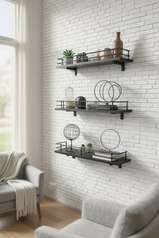 Modern Tasarımlı Metal Korkuluklu Siyah Ahşap Duvar Rafı Üçlü Siyah