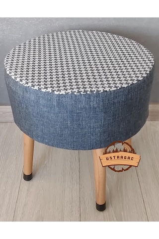 Puf Koltuk Tabure - Lacivert Keten Örme Kaz Ayağı - Ahşap Gürgen