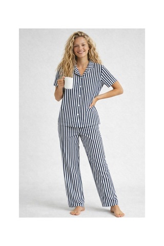 Rindahomewear Pamuklu Örme Kumaş Desenli Düğmeli Pijama Takım Lacivert Çizgili