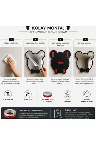Dekoratif Papyonlu Mouse Tasarımlı Çocuk Odası Duvar Aynası Siyah