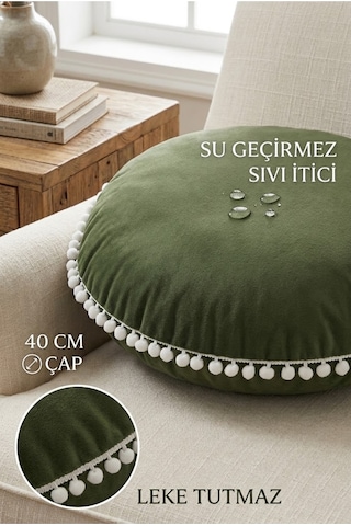 Yuvarlak Minder 40 Cm Çap Su Geçirmez Sıvı İtici Leke Tutmaz Beyaz Ponponlu Dekoratif Ev Minderi Çok Renkli