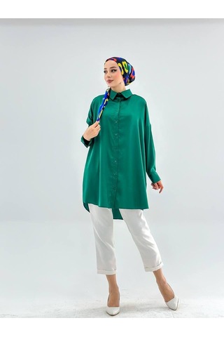 Vioshine Vıoshıne Kadın Oversize Saten Gömlek-yeşil Yeşil