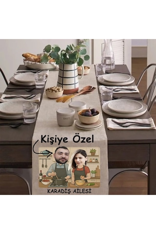 Kişiye Özel Karikatürlü Mutfak Tasarımlı Runner, Runer, Masa Örtüsü, Sofranıza Zarafet Katın Runner Açık Krem