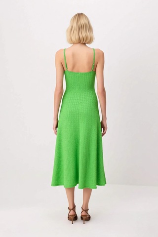 Benerly Kadın İnce Askılı V Yaka Dokulu Bodycon Maxi Elbise Astarsız Raha Yeşil