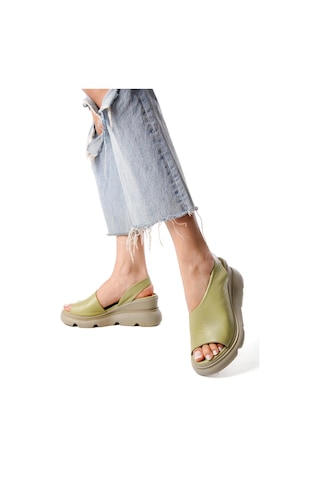 Elit Lyna Kadın Hakiki Deri Dolgu Topuk Sandalet Yeşil Yeşil