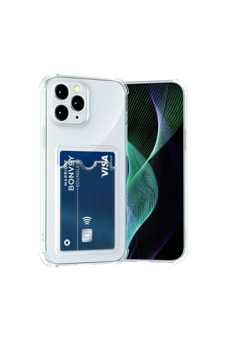 Apple Uyumlu iPhone 12 Pro Kapak Kamera Korumalı Kartlıklı Darbe Emici Özellikli Şeffaf Silikon Kılıf